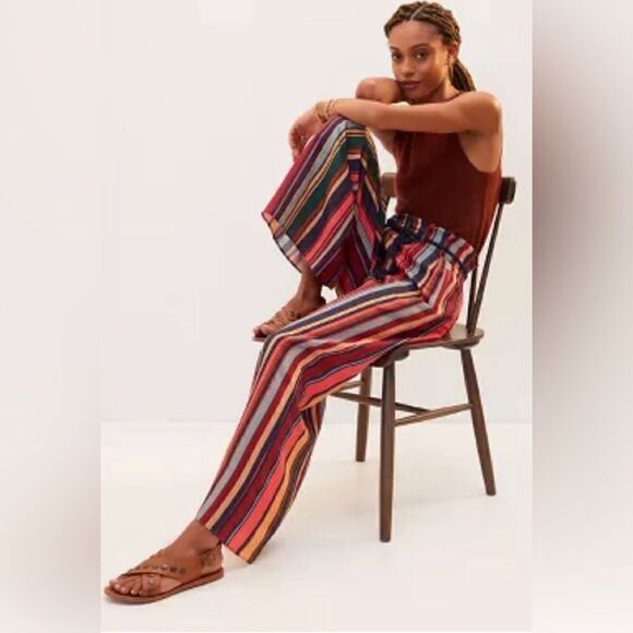 Farm Rio Anthropologie Striped  Wide Leg linen blend Pants Size NWT. M - Picture 1 of 10